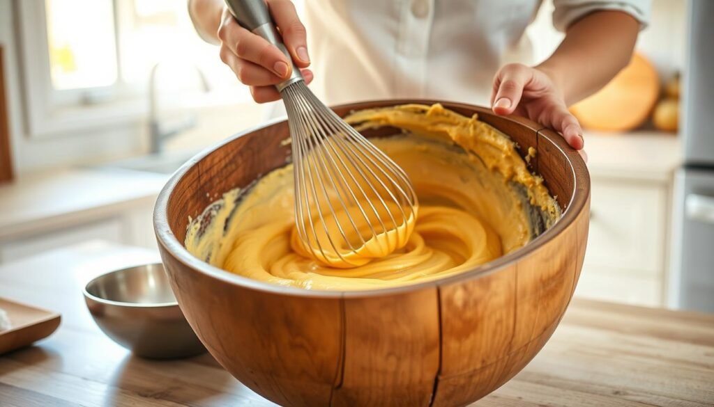 A cheerful, well-lit kitchen scene with a medium shot of a large, worn wooden bowl filled with a thick, golden batter. A pair of hands gently folding and mixing the batter with a whisk, creating soft, swirling patterns. The background features a clean, white countertop, subtle hints of cabinets, and a warm, natural lighting that casts a soft glow over the entire composition. The overall mood is one of homely comfort and nostalgic charm, capturing the essence of a beloved family recipe being prepared with care.