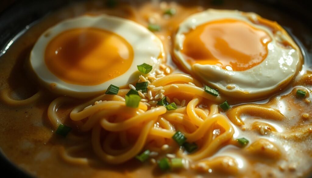 A close-up shot of a steaming bowl of miso butter ramen, capturing the rich, creamy texture of the broth. The noodles are perfectly al dente, glistening with a silky sheen. Specks of scallions and sesame seeds dot the surface, adding a vibrant pop of color. The miso paste has melted into the butter, creating a velvety, umami-packed base. Soft-boiled eggs sit atop, their golden yolks oozing invitingly. Dramatic side lighting casts dramatic shadows, emphasizing the noodle strands and lending an elegant, chiaroscuro effect. The overall mood is cozy, comforting, and mouthwatering, enticing the viewer to dive in and savor every bite.