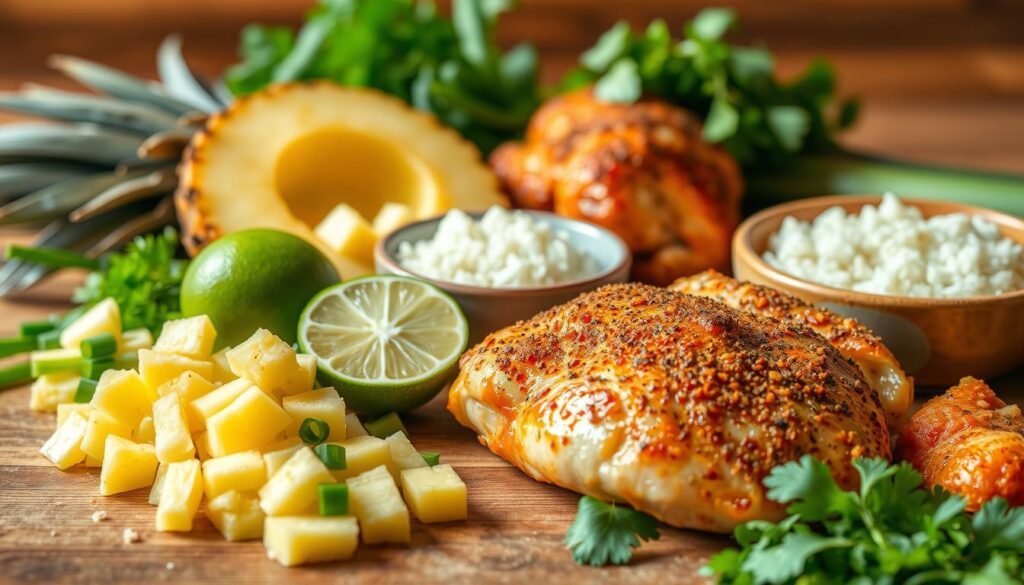 A close-up shot of an assortment of fresh, vibrant ingredients for a jerk chicken pineapple rice bowl. In the foreground, neatly arranged on a wooden surface, are diced pineapple chunks, sliced green onions, a halved lime, and a few sprigs of cilantro. In the middle ground, chicken thighs marinated in a bold, fragrant jerk seasoning blend sit alongside a small bowl of rice. The background is softly blurred, allowing the focus to remain on the delicious, Caribbean-inspired ingredients. Warm, directional lighting casts subtle shadows, enhancing the textures and colors of the scene. The overall mood is fresh, appetizing, and evocative of the vibrant flavors to come.
