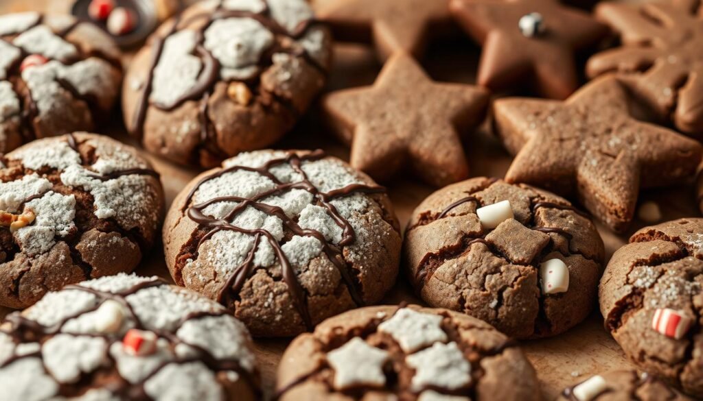 A close-up shot of an assortment of homemade chocolate crinkle cookies, each with a unique variation. In the foreground, a selection of cookies with different toppings and mix-ins - some sprinkled with powdered sugar, others studded with chopped nuts or infused with peppermint. In the middle ground, a few cookies are drizzled with melted dark chocolate, adding a decadent touch. In the background, a variety of cookie shapes and sizes, including classic round, festive star-shaped, and whimsical tree-shaped cookies, all showcasing the rich, fudgy texture and crackled tops. The image is bathed in warm, soft lighting, highlighting the irresistible allure of these creative recipe variations.