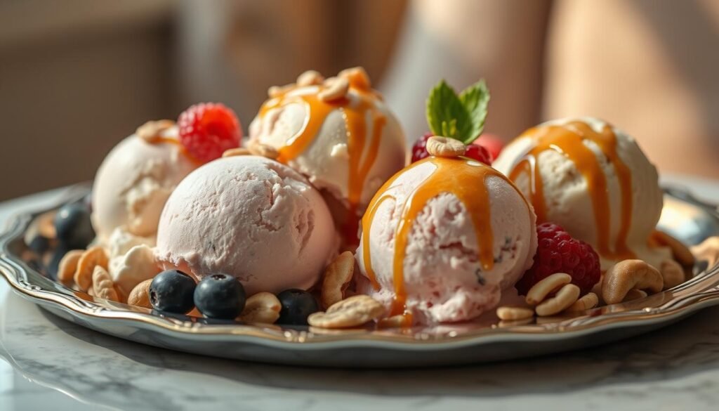 A close-up shot of an elegant serving platter featuring various ice cream scoops in pastel colors, garnished with fresh berries, sliced nuts, and a drizzle of caramel sauce. The scene is lit by warm, diffused natural light, casting gentle shadows and highlights that accentuate the textures and shapes of the ingredients. The composition is carefully balanced, with the ice cream scoops arranged in an artful, visually appealing manner, inviting the viewer to imagine the flavors and textures of this delectable dessert. The overall mood is one of indulgence, sophistication, and culinary delight.