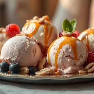 A close-up shot of an elegant serving platter featuring various ice cream scoops in pastel colors, garnished with fresh berries, sliced nuts, and a drizzle of caramel sauce. The scene is lit by warm, diffused natural light, casting gentle shadows and highlights that accentuate the textures and shapes of the ingredients. The composition is carefully balanced, with the ice cream scoops arranged in an artful, visually appealing manner, inviting the viewer to imagine the flavors and textures of this delectable dessert. The overall mood is one of indulgence, sophistication, and culinary delight.