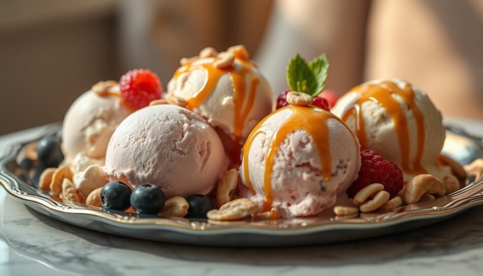 A close-up shot of an elegant serving platter featuring various ice cream scoops in pastel colors, garnished with fresh berries, sliced nuts, and a drizzle of caramel sauce. The scene is lit by warm, diffused natural light, casting gentle shadows and highlights that accentuate the textures and shapes of the ingredients. The composition is carefully balanced, with the ice cream scoops arranged in an artful, visually appealing manner, inviting the viewer to imagine the flavors and textures of this delectable dessert. The overall mood is one of indulgence, sophistication, and culinary delight.
