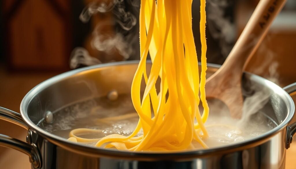 A close-up shot of freshly made pasta being gently lowered into a pot of simmering, lightly salted water. Soft, delicate strands of homemade fettuccine, their golden hue glistening under warm, diffused lighting. Steam rises, creating a hazy, atmospheric effect. The pasta's natural texture and irregular shapes are clearly visible, conveying a sense of artisanal craftsmanship. The pot's stainless steel exterior reflects the kitchen's wooden surfaces and utensils, establishing a cozy, inviting ambiance. The scene exudes the comforting aromas of a homemade pasta dish, setting the stage for a satisfying culinary experience.