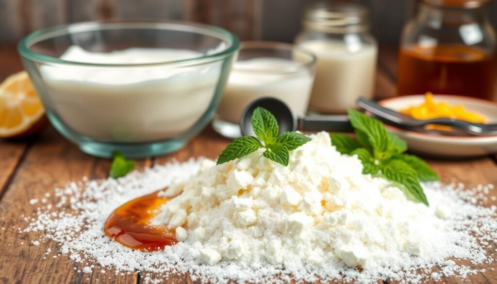 A close-up shot of various ingredients for cottage cheese ice cream, neatly arranged on a rustic wooden table. In the foreground, a pile of fresh cottage cheese, surrounded by a sprinkling of granulated sugar, vanilla extract, and a few sprigs of fresh mint. In the middle ground, a glass bowl filled with heavy cream, and a metal ice cream scoop. In the background, a glass jar of honey and a small saucer of lemon zest. The scene is illuminated by soft, natural lighting, creating a warm, inviting atmosphere.