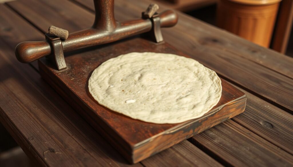 A close-up view of a traditional Mexican tortilla press, made of heavy wood or cast iron, sitting on a rustic wooden table. The press has a smooth, well-worn surface and a sturdy, lever-like handle that allows the user to apply even pressure when flattening balls of freshly prepared nixtamal dough into thin, round tortillas. Warm, natural lighting casts soft shadows, highlighting the textural details of the press and the surrounding environment, which evokes a cozy, homemade atmosphere perfect for crafting authentic, handmade tortillas.