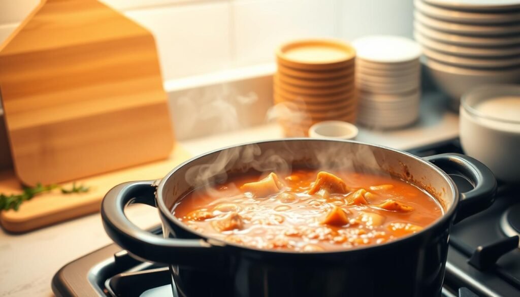 A cozy kitchen scene with a simmering pot of lasagna soup on the stovetop. The soup is being gently reheated, steam gently rising from the surface. The pot is made of enameled cast iron, reflecting the warm overhead lighting. In the background, a wooden cutting board, a few herbs, and a stack of bowls suggest the process of serving the soup. The lighting is soft and inviting, casting a comforting glow throughout the scene. The composition is balanced, with the pot of soup as the focal point, drawing the viewer's attention to the delicious, reheated meal.