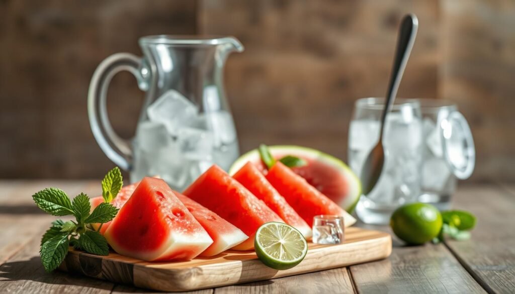 A crisp, well-lit still life showcasing the ingredients for a refreshing Watermelon Mojito Granita. In the foreground, a wooden board displays freshly sliced watermelon wedges, a bundle of fragrant mint sprigs, and a halved lime. In the middle ground, a glass pitcher filled with crystal clear ice cubes and a long metal spoon create an inviting scene. The background features a subtle, blurred texture evoking a rustic, outdoor setting, conveying a sense of warmth and summer. Soft, directional lighting casts gentle shadows, highlighting the vibrant colors and textures of the scene. The overall mood is one of cool, refreshing delight, perfectly capturing the essence of the Watermelon Mojito Granita.