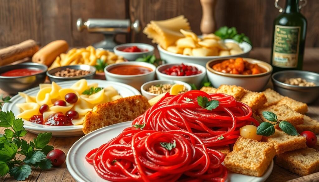 A delectable array of pasta variations, including vibrant cranberry spaghetti, nestled amidst a visually stunning still life. In the foreground, a plate showcases the cranberry-infused pasta, its ruby-red hues contrasting beautifully with the golden-brown garlic bread and fresh herbs. In the middle ground, an assortment of other pasta shapes, such as penne and farfalle, are arranged alongside bowls of sauces, spices, and garnishes, hinting at the endless possibilities for customization. The background features a rustic wooden table, with a vintage pasta roller and a bottle of fine olive oil adding a touch of Italian charm. The lighting is soft and warm, creating a cozy, inviting atmosphere that evokes the comforts of a homemade pasta feast.