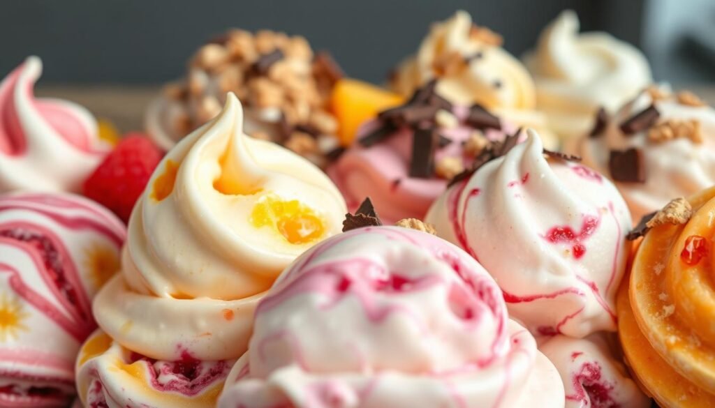 A delightful assortment of cottage cheese ice cream flavors, each scoop a unique and captivating creation. In the foreground, a display of varied textures and hues - swirls of rich, creamy cottage cheese intertwined with vibrant fruit compotes, from tart raspberry to sweet mango. Subtle highlights and shadows accentuate the dimensional quality of the frozen treats. In the middle ground, an array of toppings and mix-ins, from crunchy granola to decadent chocolate shavings, elevate the flavors and visual appeal. The background softly blurs, drawing the eye to the artful presentation of this unexpected and delightful frozen dessert.