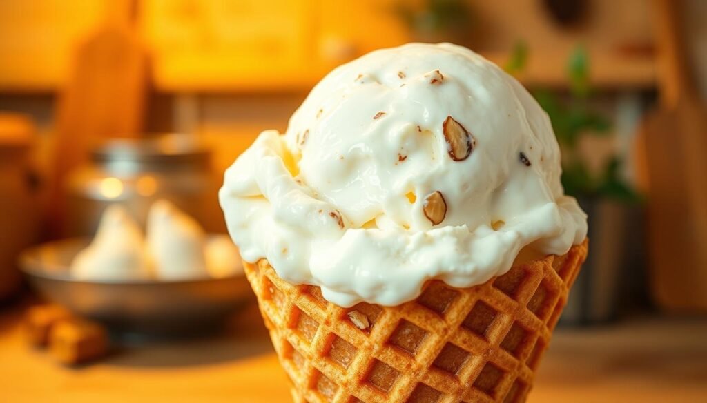 A delightful scoop of homemade cottage cheese ice cream, creamy and lush, resting on a crisp waffle cone. The frozen dessert glistens under warm, golden lighting, casting a soft, inviting glow. Flecks of vanilla bean speckle the pale, fluffy texture, hinting at its rich, indulgent flavor. The cone's waffle pattern casts intricate shadows, adding depth and dimension to the scene. In the background, a cozy, rustic kitchen backdrop, with natural wood tones and subtle hints of greenery, creates a welcoming, homemade atmosphere. The overall impression is one of comfort, simplicity, and a delightful, high-protein treat.