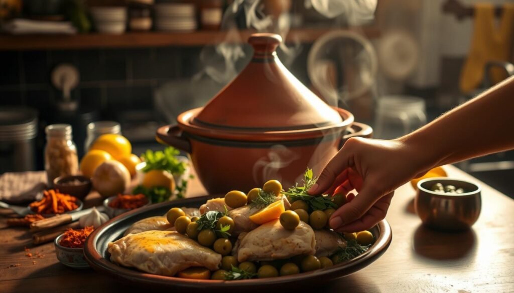 A dimly lit kitchen counter, the centerpiece a large, earthenware tagine pot, steam gently rising from its conical lid. Surrounding it, an array of Moroccan spices and seasonings - vibrant saffron, fragrant cinnamon sticks, pungent garlic, and bright preserved lemons. In the foreground, a chef's hand carefully arranges tender chicken thighs, plump green olives, and aromatic herbs, preparing to layer them into the tagine for a slow, flavorful braise. The scene is bathed in warm, golden light, casting a cozy, inviting atmosphere, hinting at the rich, complex flavors to come in this classic Moroccan dish.