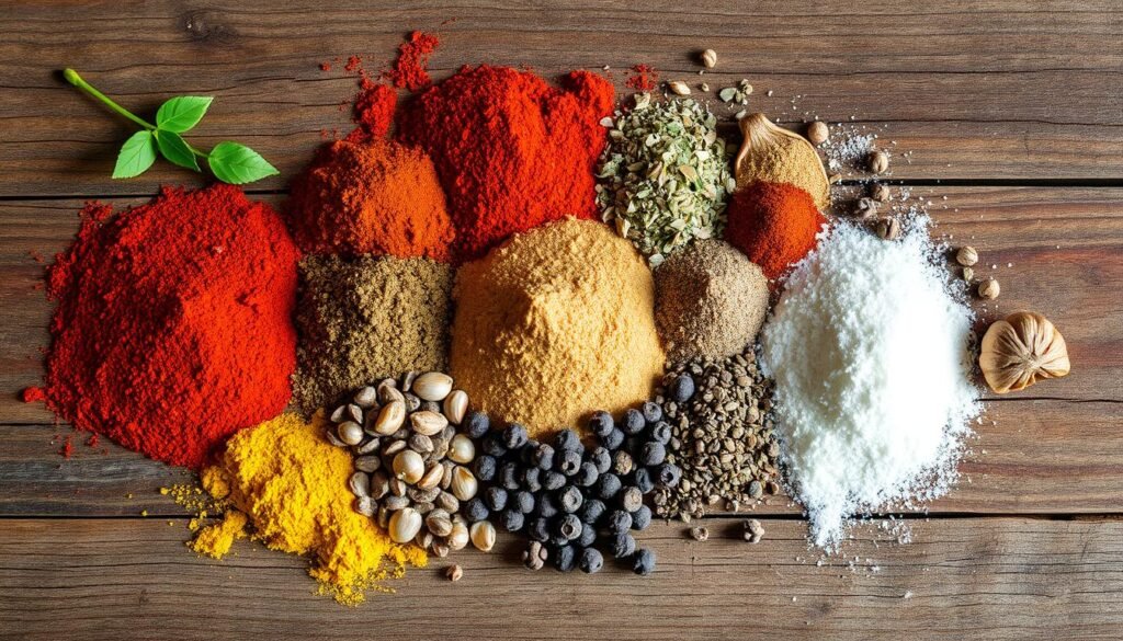 A flat-lay arrangement of various spices and herbs on a rustic wooden surface, including paprika, garlic powder, onion powder, black pepper, and other aromatic seasonings. The lighting is soft and natural, accentuating the textures and colors of the dry rub ingredients. The composition is balanced, with the spices arranged in an aesthetically pleasing manner, suggesting their careful selection and blending for the perfect spatchcock chicken seasoning.