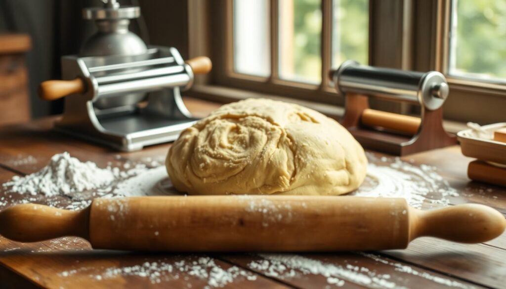 A freshly kneaded mound of homemade pasta dough rests on a rustic wooden table, dusted with a light coating of flour. The dough's golden hue and supple texture are highlighted by soft, diffused natural lighting filtering in through a nearby window. In the foreground, a well-worn rolling pin stands ready to flatten the dough into thin, even sheets. The mise-en-place includes a small pile of semolina flour and a vintage stainless steel pasta maker, conveying a sense of homespun, artisanal craftsmanship. The overall scene evokes a cozy, inviting atmosphere, perfect for an authentic, step-by-step homemade pasta tutorial.