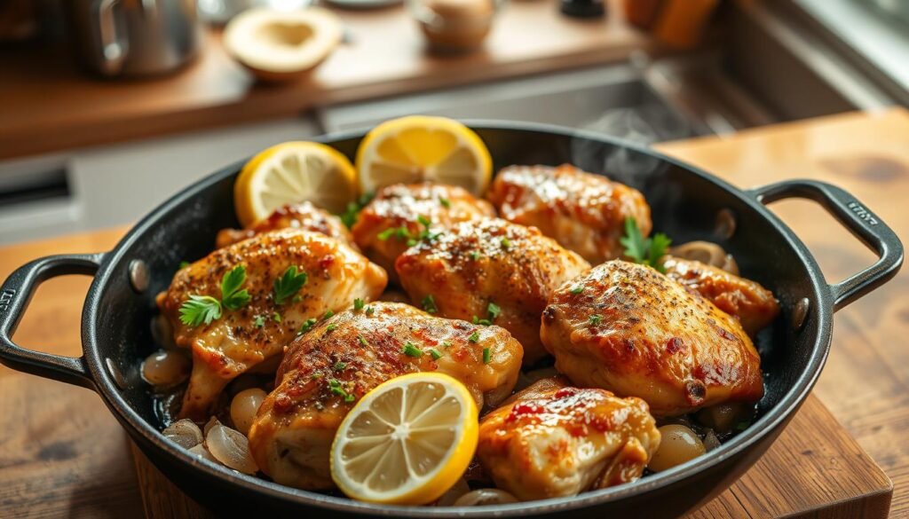 A golden-brown chicken skillet sits atop a wooden table, steam gently rising from the sizzling meat. Tender chicken thighs are coated in a vibrant lemon-pepper seasoning, creating a mouth-watering display. Sautéed onions and garlic add depth, while fresh lemon wedges and a scattering of green herbs provide a refreshing contrast. The skillet is placed in a warm, inviting kitchen setting, with soft natural lighting illuminating the scene. The overall impression is one of a quick, flavorful meal ready to be served.
