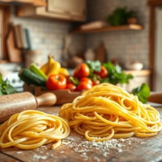 A homemade pasta dish, freshly prepared on a rustic wooden table. In the foreground, a pile of golden, hand-rolled dough rests alongside a wooden rolling pin, exuding a sense of artisanal craftsmanship. The middle ground features a selection of vibrant, farm-fresh vegetables and herbs, ready to be incorporated into the pasta. Soft, natural lighting filters through a nearby window, casting a warm, inviting glow over the scene. The background showcases a cozy, country-style kitchen, with weathered cabinets and a tiled backsplash, creating a welcoming, homey atmosphere. The overall mood is one of simplicity, tradition, and the joy of homemade culinary delights.