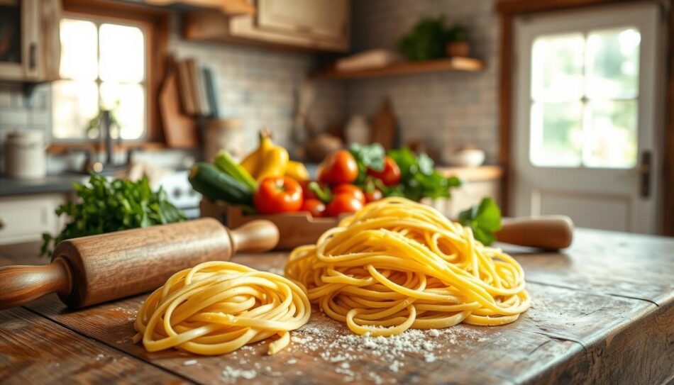 A homemade pasta dish, freshly prepared on a rustic wooden table. In the foreground, a pile of golden, hand-rolled dough rests alongside a wooden rolling pin, exuding a sense of artisanal craftsmanship. The middle ground features a selection of vibrant, farm-fresh vegetables and herbs, ready to be incorporated into the pasta. Soft, natural lighting filters through a nearby window, casting a warm, inviting glow over the scene. The background showcases a cozy, country-style kitchen, with weathered cabinets and a tiled backsplash, creating a welcoming, homey atmosphere. The overall mood is one of simplicity, tradition, and the joy of homemade culinary delights.