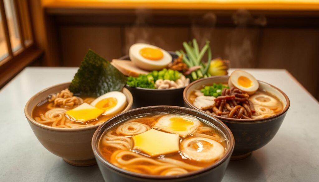 A mouthwatering display of Miso Butter Ramen variations. In the foreground, a steaming bowl of rich, creamy miso broth, topped with glistening pads of golden butter, swirling and melting into the savory liquid. Nestled within, thick, chewy ramen noodles, their texture accentuated by the interplay of miso and butter. On the middle plane, an array of garnishes - crisp sheets of nori, tender slices of chashu pork, a soft-boiled egg with a oozing yolk, and vibrant green onions, their fragrance wafting upwards. In the background, a minimalist Japanese-inspired setting, with clean lines and a neutral color palette, allowing the ramen to take center stage. Warm, diffused lighting casts a cozy, inviting glow, drawing the viewer in to savor each delectable variation.