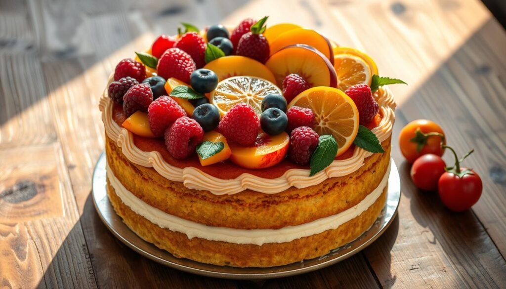 A mouthwatering, ornately decorated cake sits upon a rustic wooden table, its top adorned with an array of vibrant, juicy fruits. The cake's golden-brown sponge is layered with a rich, creamy frosting, contrasting beautifully with the fresh berries, sliced peaches, and glistening citrus segments that cascade over the edges. Soft, natural lighting casts a warm glow, highlighting the cake's intricate design and the tempting textures of the fruit. The scene exudes a sense of homemade indulgence, inviting the viewer to imagine the satisfying flavors of this delectable, timeless dessert.