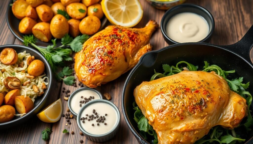 A neatly arranged display of delectable lemon pepper chicken variations. In the foreground, a juicy chicken thigh sizzles in a cast-iron skillet, its crispy skin glistening under warm, directional lighting. Surrounding it, an array of tempting side dishes: roasted baby potatoes tossed in lemon zest, a vibrant green salad with shredded cabbage and toasted pine nuts, and a creamy lemon-herb dipping sauce in a small ramekin. In the middle ground, a selection of fresh herbs, lemon wedges, and cracked black pepper add pops of color and texture. The background features a rustic wooden table, its natural grain and weathered charm complementing the homemade, comfort-food aesthetic. An inviting, mouthwatering scene that captures the essence of lemon pepper chicken variations.