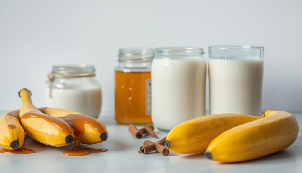 A neatly arranged still life showcasing the key ingredients for a delectable Banana Caramel Kefir Smoothie. In the foreground, several ripe bananas, their golden-yellow skins contrasting with the rich, glossy caramel drizzled over them. Beside them, a glass container filled with creamy, slightly effervescent kefir. In the middle ground, a jar of honey and a sprinkling of cinnamon sticks, hinting at the sweetness and warmth to come. The background is a clean, minimalist surface, allowing the ingredients to take center stage under soft, natural lighting, captured with a high-resolution, macro lens for maximum detail and clarity.