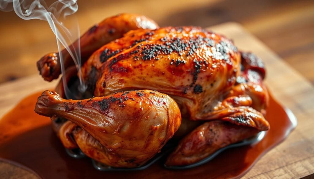A perfectly golden-brown smoked chicken, glistening with a caramelized, crispy skin, resting on a wooden cutting board. The bird's juices have pooled around it, reflecting the warm lighting that bathes the scene in a cozy, inviting atmosphere. Wisps of fragrant smoke curl up from the meat, hinting at the depth of flavor within. The chicken is photographed at a slight angle, highlighting its elegant, spatchcocked form and drawing the viewer's eye towards the succulent, tender flesh waiting to be savored.