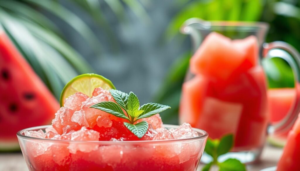 A refreshing watermelon granita with a bold mojito twist, captured in a square-format image. The foreground features a shallow glass dish filled with vibrant pink granita, garnished with a sprig of fresh mint and a thin lime wedge. The middle ground showcases watermelon cubes in a glass pitcher, evoking the natural sweetness of the fruit. The background blends soft, out-of-focus tropical foliage, creating a lush, summery ambiance. The lighting is natural and diffused, highlighting the crystalline texture of the granita and the juicy translucence of the watermelon. The overall mood is cool, refreshing, and visually enticing, inviting the viewer to savor the frozen delight.