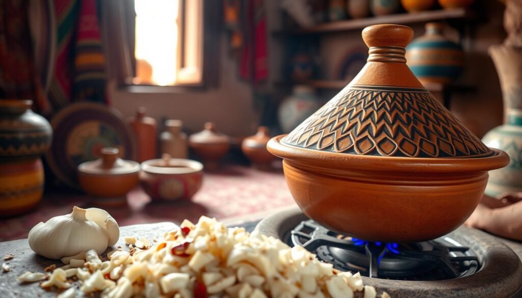 A rustic Moroccan kitchen with a large clay tagine pot simmering on a low flame. Warm light filters through a window, casting a soft glow on the scene. In the foreground, chopped onions, garlic, and spices wait to be added to the pot. The middle ground showcases the intricate pattern of the tagine's lid, hinting at the aromatic, slow-cooked delicacy within. In the background, a backdrop of colorful, hand-woven textiles and pottery creates a vibrant, authentic Moroccan atmosphere. The overall mood is one of patience, tradition, and the comforting embrace of a centuries-old culinary process.
