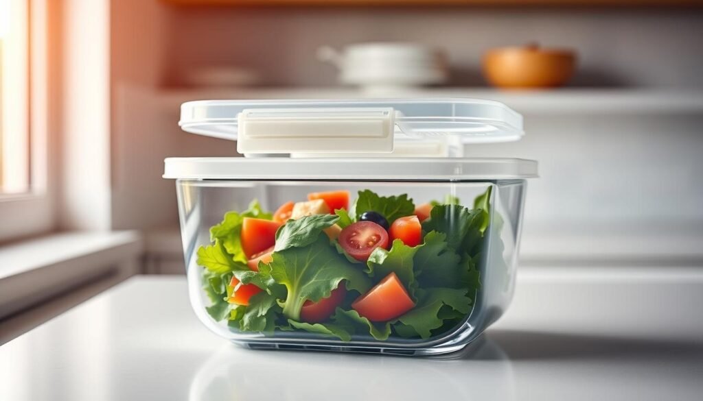 A sleek, airtight glass container with a tight-fitting, silicone-sealed lid, sitting on a clean, minimalist kitchen counter. The container's smooth, transparent walls showcase the fresh, vibrant contents within - a crisp, garden-fresh salad made with leafy greens, juicy tomatoes, and crunchy vegetables. Soft, directional lighting from a nearby window casts a warm, natural glow on the scene, highlighting the container's functional yet sophisticated design. The overall mood is one of organization, freshness, and culinary preparedness, perfectly complementing the "Storage and Meal Prep Tips" section of the article.