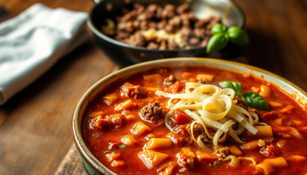 A steaming bowl of rich, tomato-based soup, filled with tender lasagna noodles, ground beef, melty cheese, and aromatic herbs. The foreground features the soup, with noodles gently curling and cheese strands stretching. In the middle ground, sautéed onions, garlic, and ground beef create a savory base. The background showcases a rustic wooden table, with a crisp white napkin and a sprig of fresh basil, capturing the homemade, comfort-food vibe. Warm, diffused lighting casts a cozy glow, inviting the viewer to dive into this delicious, layered creation. A visually enticing representation of the "Step-by-Step Lasagna Soup Recipe".