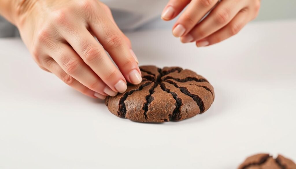 A stylized close-up photograph of a baker's hands delicately folding and pinching chocolate crinkle cookie dough, creating a distinctive wrinkled texture. Soft, even lighting illuminates the rich, glossy dough, highlighting the intricate patterns and crevices. The hands are positioned against a clean, minimalist background, allowing the baking process to be the central focus. The image conveys a sense of expertise, attention to detail, and the artistry involved in crafting the perfect crinkle effect.