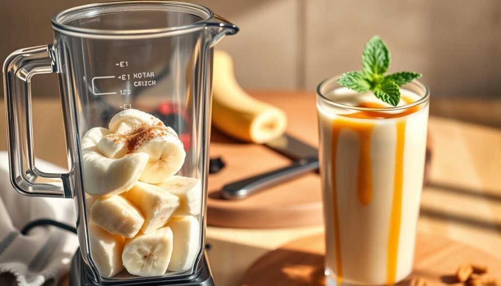 A stylized, high-resolution image of the preparation steps for a banana caramel kefir smoothie. In the foreground, a blender filled with yogurt, banana slices, honey, and a sprinkle of cinnamon. In the middle ground, a cutting board with a knife and a peeled banana. In the background, a glass of freshly blended kefir smoothie garnished with a caramel drizzle and a mint leaf. Warm, soft lighting illuminates the scene, casting gentle shadows. The composition is balanced and visually appealing, showcasing the ingredients and process of making this delicious smoothie.