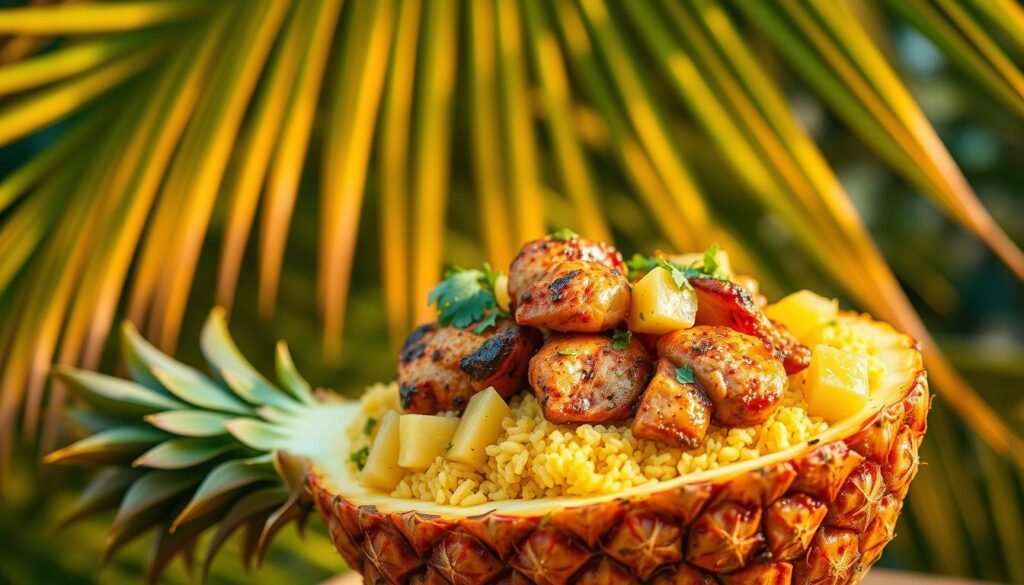 A vibrant, mouthwatering jerk chicken pineapple bowl set against a tropical backdrop. In the foreground, succulent jerk-seasoned chicken thighs sizzle atop a bed of fluffy yellow rice, garnished with juicy pineapple chunks and fresh cilantro. The middle ground features a halved pineapple shell serving as a rustic, natural bowl. Warm, directional lighting casts a golden glow, highlighting the dish's enticing colors and textures. In the background, lush palm fronds sway gently, evoking a breezy Caribbean atmosphere. The overall scene radiates an inviting, flavor-packed ambiance, perfectly capturing the essence of a vibrant jerk chicken pineapple bowl.