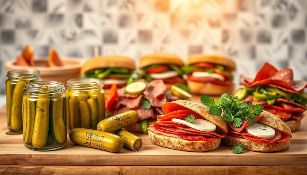 A vibrant still life showcasing a variety of gourmet pickle sandwich variations. In the foreground, an assortment of pickles - dill, bread and butter, spicy, and garlic-herb - arranged artfully on a wooden cutting board. In the middle ground, an array of sandwich fillings including roasted red peppers, thinly sliced salami, creamy havarti cheese, and fresh herbs. The background features a rustic kitchen counter with a stylish gray and white tile pattern, bathed in warm, natural lighting that casts a soft glow over the scene. The overall mood is one of culinary delight and mouthwatering anticipation.