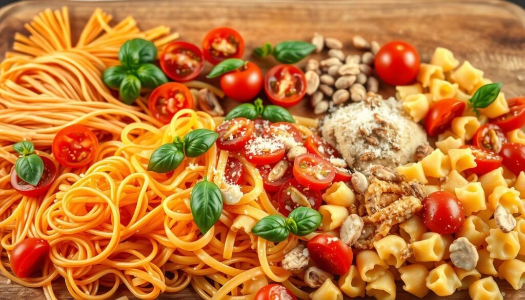 A visually stunning still life composition showcasing an assortment of pasta pairings. In the foreground, an array of vibrant, freshly cooked pasta in various shapes and colors, including spaghetti, fusilli, and farfalle. Surrounding the pasta, an elegant display of complementary ingredients - sliced tomatoes, basil leaves, grated Parmesan, toasted pine nuts, and a drizzle of olive oil. In the middle ground, a rustic wooden board or table, providing a natural, earthy backdrop. Soft, warm lighting illuminates the scene, casting gentle shadows and highlighting the textures and colors of the ingredients. The overall mood is one of culinary abundance and creativity, inviting the viewer to imagine the delicious flavors and textures of these pasta pairing suggestions.