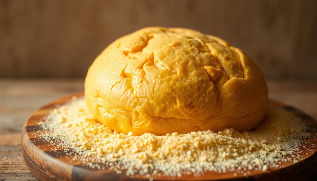 A voluptuous mound of freshly kneaded masa dough rests on a wooden board, its supple, pliable texture glistening under warm, natural lighting. The dough's vibrant, golden hue reflects the rich flavor and aroma of nixtamalized corn, hinting at the traditional process that has created this essential ingredient for authentic Mexican tortillas. In the foreground, a dusting of fine cornmeal adds a subtle texture, while the background softly fades into a neutral, earthy tone, allowing the focus to remain on the tactile, handcrafted quality of the masa. Captured at a slight angle, the image conveys a sense of artisanal craftsmanship and the care required to prepare this vital component of a delicious, time-honored culinary tradition.
