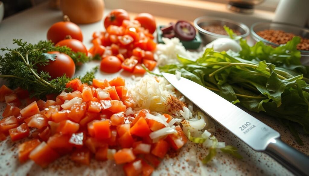 A well-lit kitchen counter, the surface covered in fresh, vibrant kelp fronds, chopped tomatoes, diced onions, and a zesty blend of spices. In the foreground, a chef's knife carefully slices through the kelp, releasing its crisp, salty aroma. Soft, indirect lighting casts a warm glow, highlighting the rich colors and textures of the ingredients. The overall scene conveys a sense of healthy, homemade preparation, inviting the viewer to imagine the flavorful salsa that will soon be assembled.