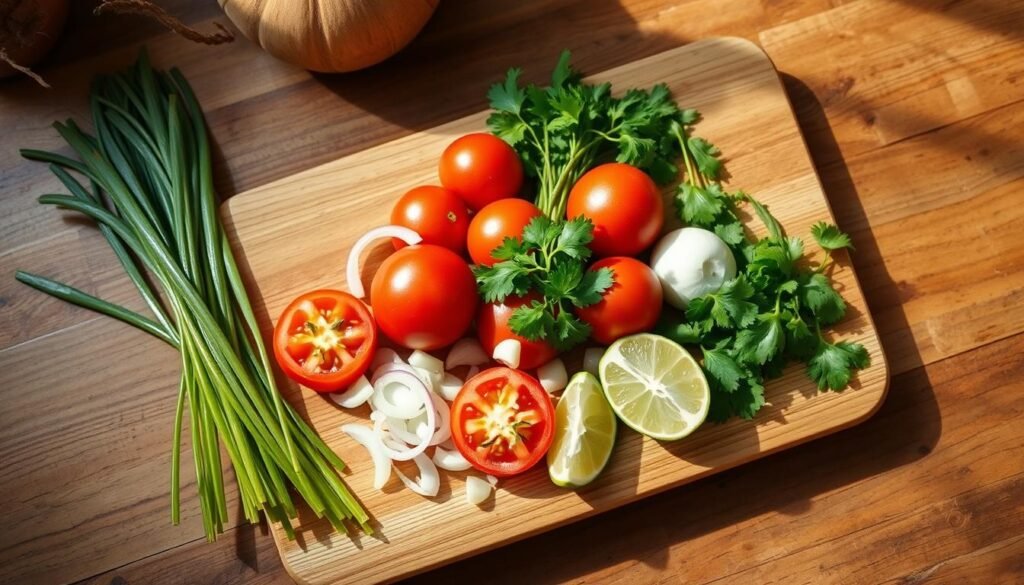 A wooden cutting board on a rustic kitchen counter, showcasing a vibrant arrangement of kelp fronds, fresh tomatoes, onions, garlic, cilantro, and lime wedges. The lighting is soft and natural, casting warm shadows and highlighting the textures of the ingredients. The camera angle is slightly elevated, providing a visually appealing, top-down perspective that emphasizes the ingredients' colors, shapes, and fresh quality. The overall mood is one of simplicity, health, and culinary delight, perfectly capturing the essence of a homemade kelp salsa.