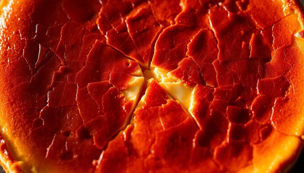 Close-up shot of a freshly baked cheesecake, the surface cracked and caramelized, revealing a rich, creamy interior. The cracks are prominent, showcasing the delicate texture and density of the dessert. Warm, directional lighting casts dramatic shadows, accentuating the depth and contours of the cracked surface. The image is captured with a shallow depth of field, keeping the foreground sharp while blurring the background to focus the viewer's attention on the intricate details of the cheesecake's imperfections.
