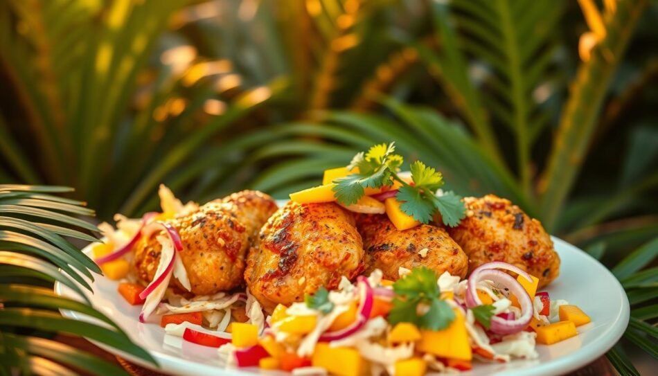 Coconut Curry Jerk Chicken with Mango Slaw