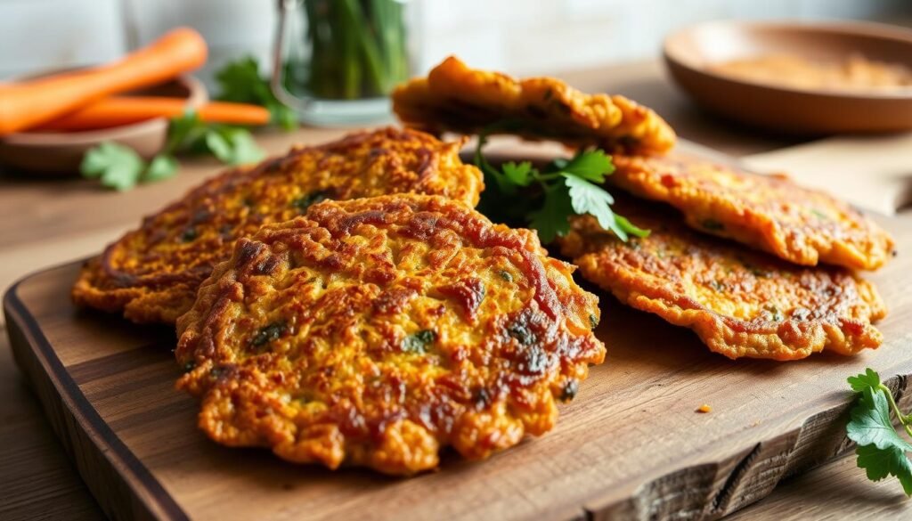 Crisp, golden-brown juicer pulp fritters, fresh from the skillet, their edges delicately crisped to perfection. Flecks of vibrant carrot, beet, and leafy greens are visible, hinting at the nutritious, zero-waste ingredients within. The fritters are arranged artfully on a rustic wooden board, with a light natural lighting creating soft shadows and highlights that accentuate their texture and form. In the background, a minimalist, earthy-toned kitchen setting suggests a simple, wholesome approach to cooking. The overall scene conveys a sense of nourishment, sustainability, and culinary craftsmanship.