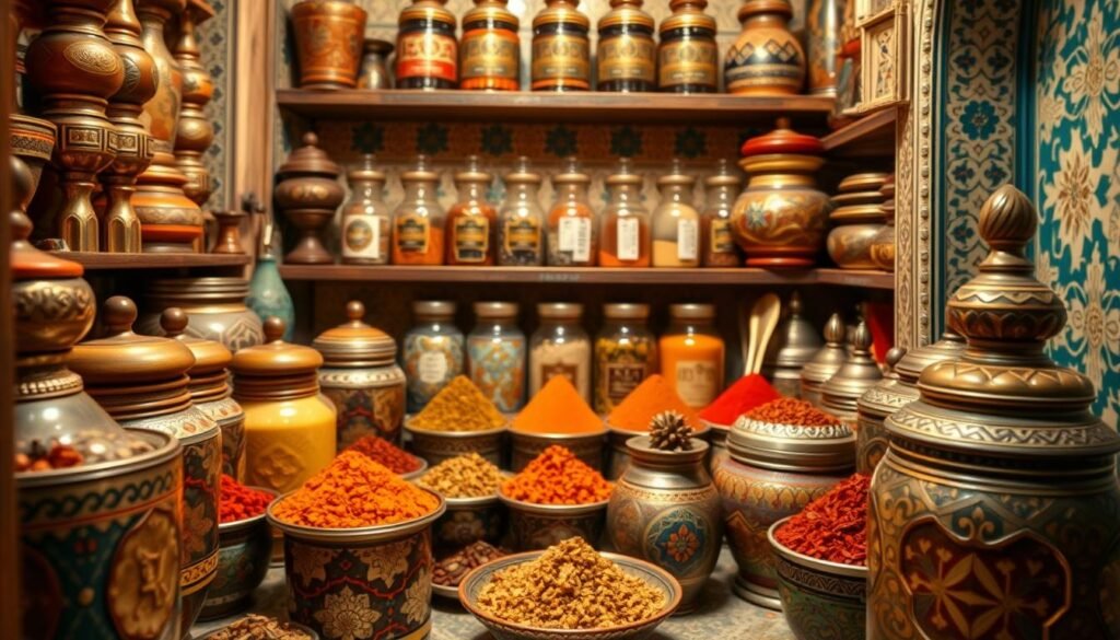 Generate an image of a traditional Moroccan spice pantry with various spices and Ras el Hanout.