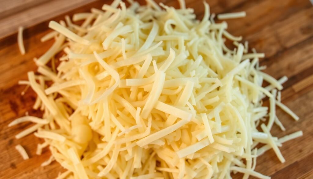 Grated potatoes, crisp and fresh, nestled atop a wooden cutting board. The fine shreds catch the soft, warm light, casting delicate shadows that hint at their texture. A sense of anticipation and culinary promise fills the frame, as if these potatoes are ready to be transformed into something delectable. The camera angle is slightly elevated, providing a birds-eye view that emphasizes the repetitive, tactile nature of the grated pieces. The background is softly blurred, keeping the focus solely on the star of the scene - the humble yet versatile potato, waiting to be crafted into a savory delight.