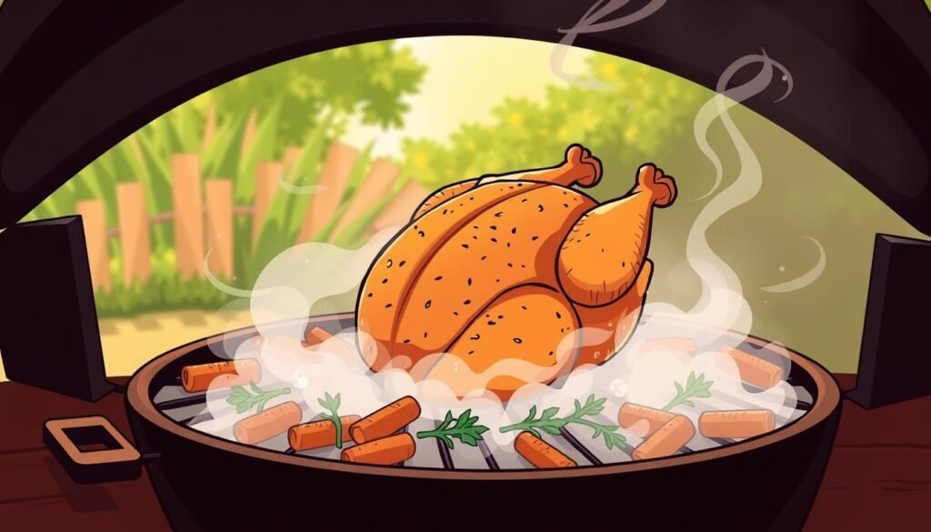 Image of a spatchcock chicken being smoked