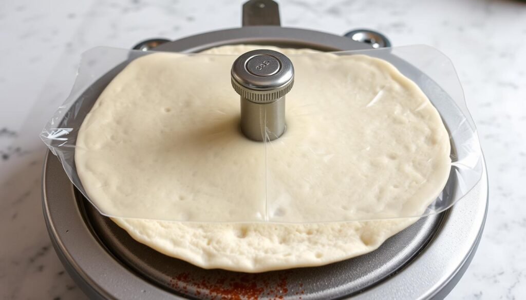 Image of a tortilla press with plastic sheets