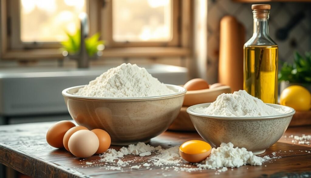 Image of flour, eggs, and olive oil on a kitchen counter