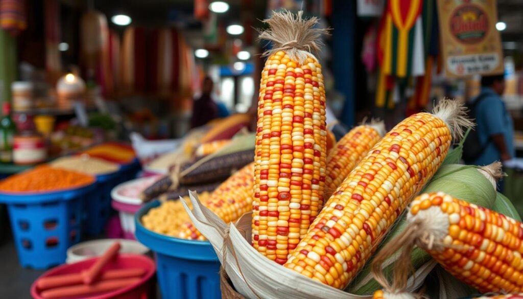 Image of nixtamal corn at a Latin American market