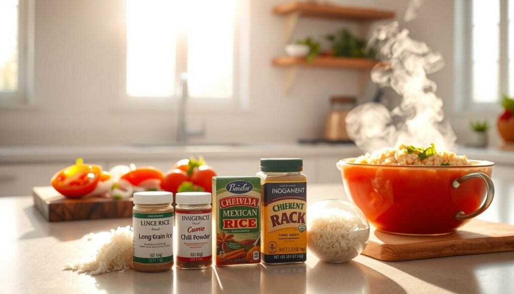 A bright, airy kitchen with sunlight streaming through large windows. On the countertop, a steaming bowl of freshly cooked Mexican rice sits alongside a cutting board with chopped tomatoes, onions, and cilantro. In the foreground, a few key ingredients - long-grain rice, cumin, chili powder, and chicken broth - are arranged neatly. The lighting is warm and inviting, highlighting the vibrant colors of the ingredients. The composition emphasizes the simple, homemade nature of the dish, conveying a sense of approachable, authentic Mexican cuisine.