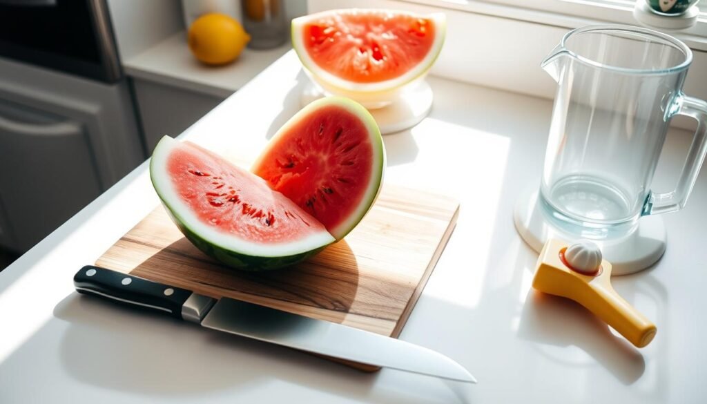 A brightly lit kitchen counter, with a freshly cut watermelon resting on a wooden cutting board. A sharp chef's knife, a citrus juicer, and a glass pitcher are neatly arranged nearby, suggesting the upcoming preparation process. The countertop is clean and uncluttered, creating a sense of order and attention to detail. The lighting is natural, casting soft shadows and highlighting the vibrant colors of the watermelon. The overall atmosphere conveys a refreshing and summery feel, setting the stage for creating a delicious and healthy watermelon juice.