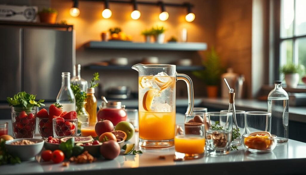 A bustling kitchen counter, bathed in soft, warm lighting from overhead spotlights. On the surface, an array of colorful cocktail ingredients - freshly muddled fruits, crisp herbs, chilled glassware, and mixing tools. In the center, a large glass pitcher filled with a tempting, swirling mixture, ready to be poured into waiting glasses. The scene exudes a sense of effortless, convivial party preparations, hinting at the delicious, batch-made cocktails soon to be shared amongst friends.